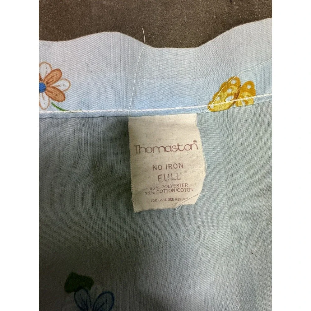 Vintage Thomaston No Iron FULL Flat Sheet Blue with Flowers and Butterflies READ